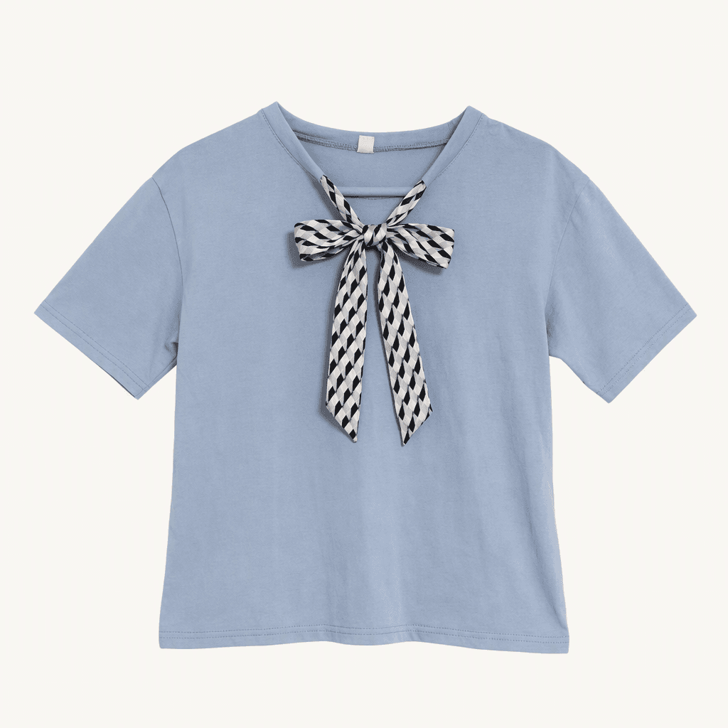 체크 리본 반팔 티셔츠 스카이블루