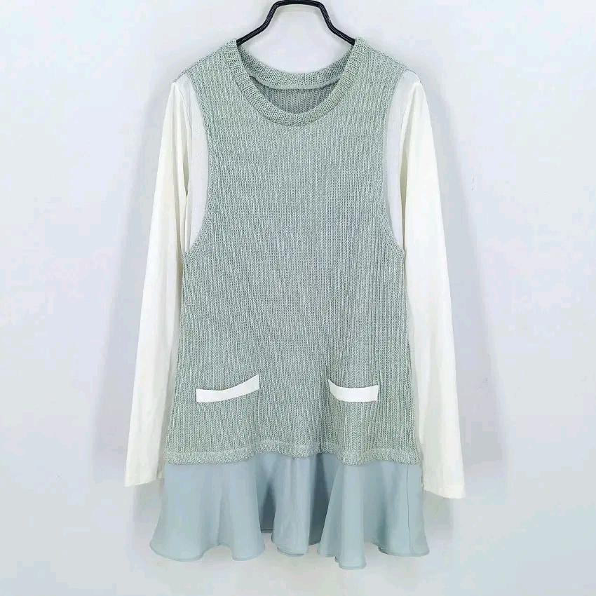 빈티지 여성 춘추 쉬폰배색 긴팔블라우스 민트그린(HU46838) 2