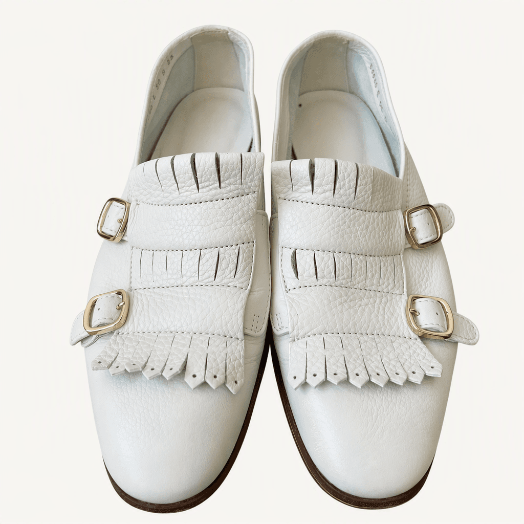 산토니 Santoni 아이보리화이트 페블드레더 프린지버클로퍼