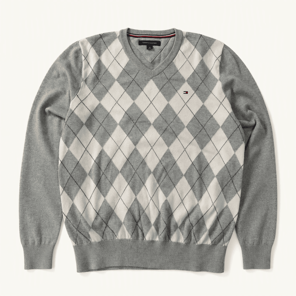 CC084 S 타미힐피거 00s 그레이 아가일 V넥 니트 스웨터