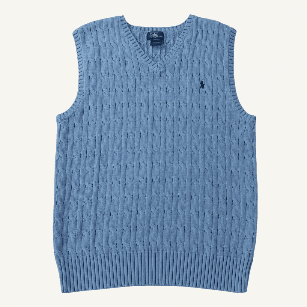 CC152 XL 폴로 00s 파우더블루 케이블 꽈배기 니트 조끼 베스트