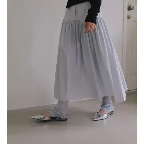 오버듀플레어 롱스커트 그런지 요크 개더 스카이블루 2