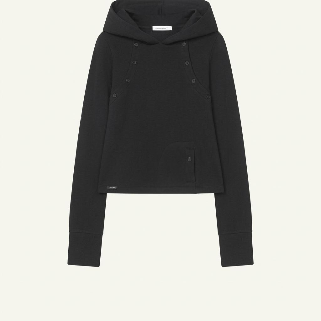 미세키서울 Double placket slim hoodie BLACK 착용컷
