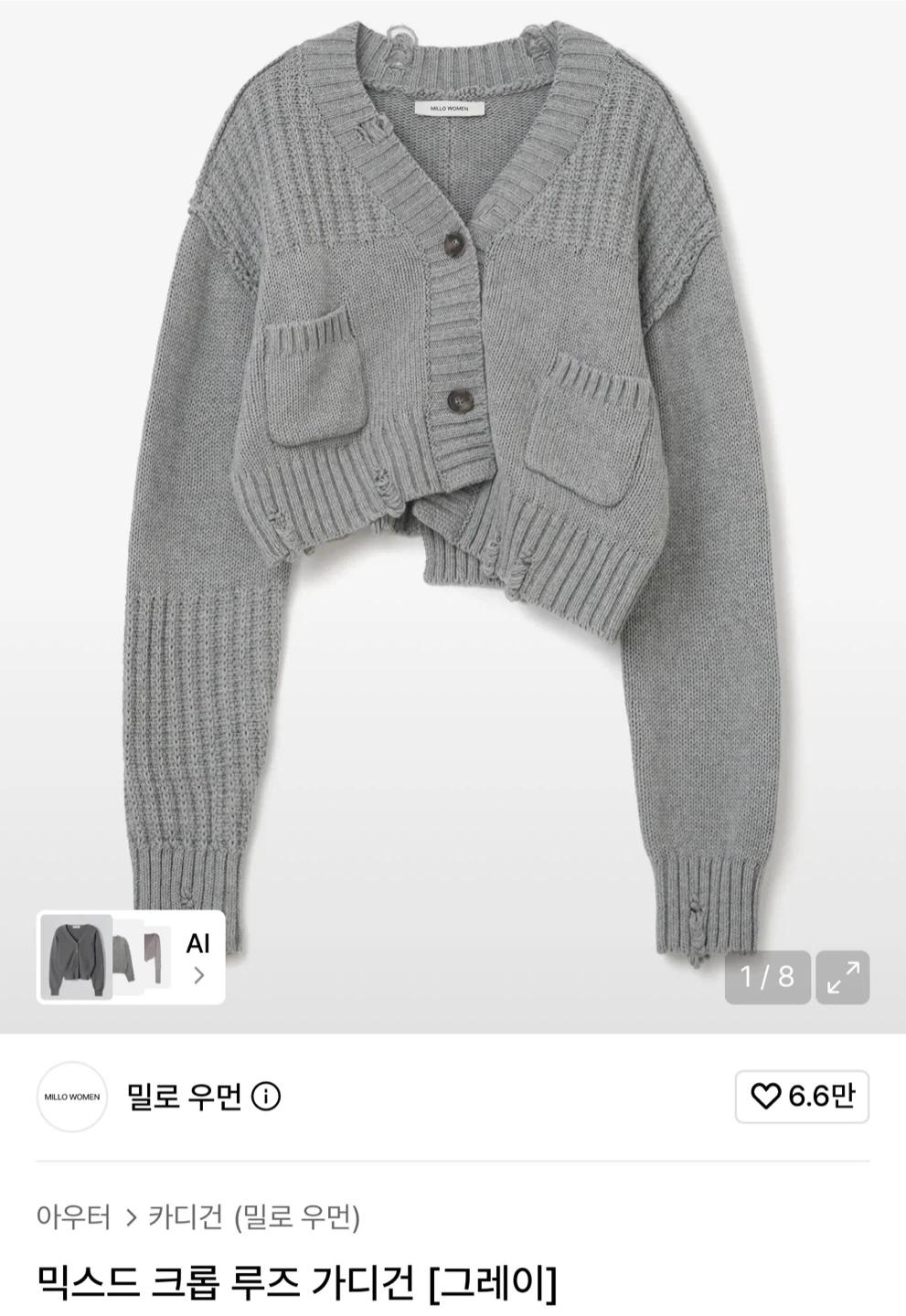(새상품) 밀로우먼 믹스드 크롭 루즈 가디건 [그레이] 2