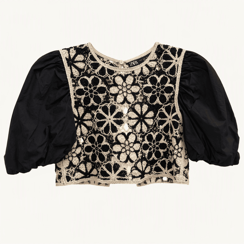 ZARA 블랙 퍼프소매 크로셰 블라우스