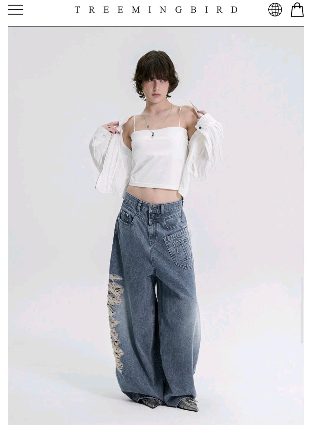 트리밍버드 벌룬핏 데미지 데님 팬츠 블루 5