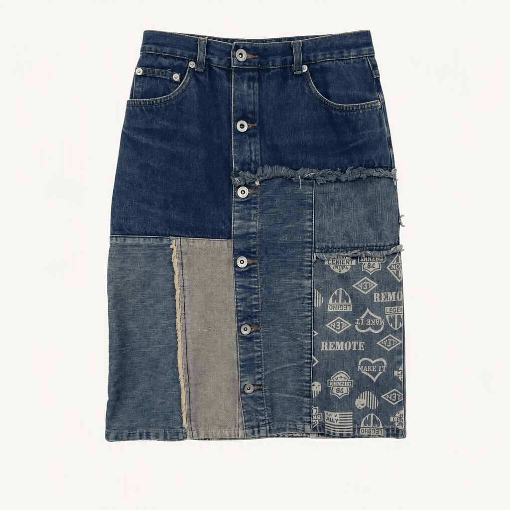 C.A.T Jeans 빈티지 패치워크 데님 미디 스커트