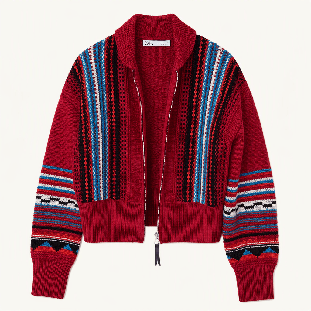 ZARA 자수 패턴 집업 니트 가디건