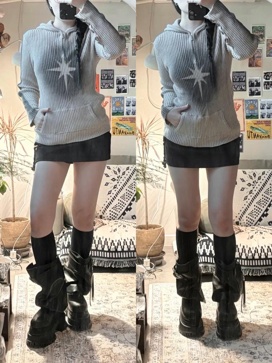 Sprayed Star Knit Hoodie Beige 2 size  5