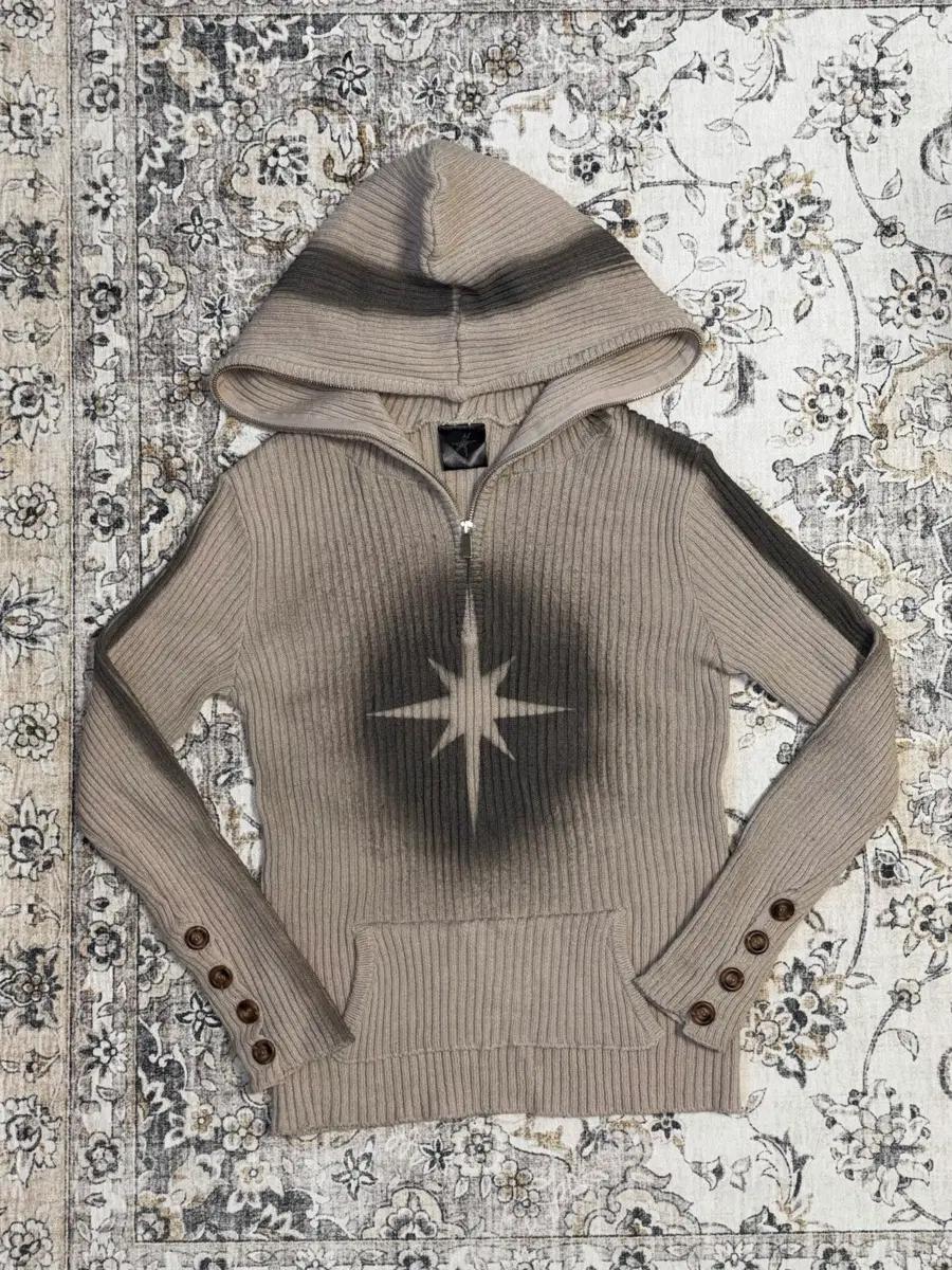 Sprayed Star Knit Hoodie Beige 2 size  3