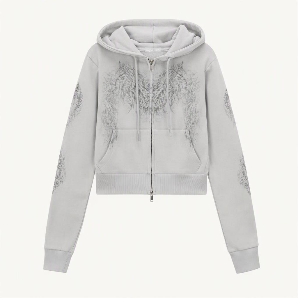 Skully crop hoodie zip-up Gray