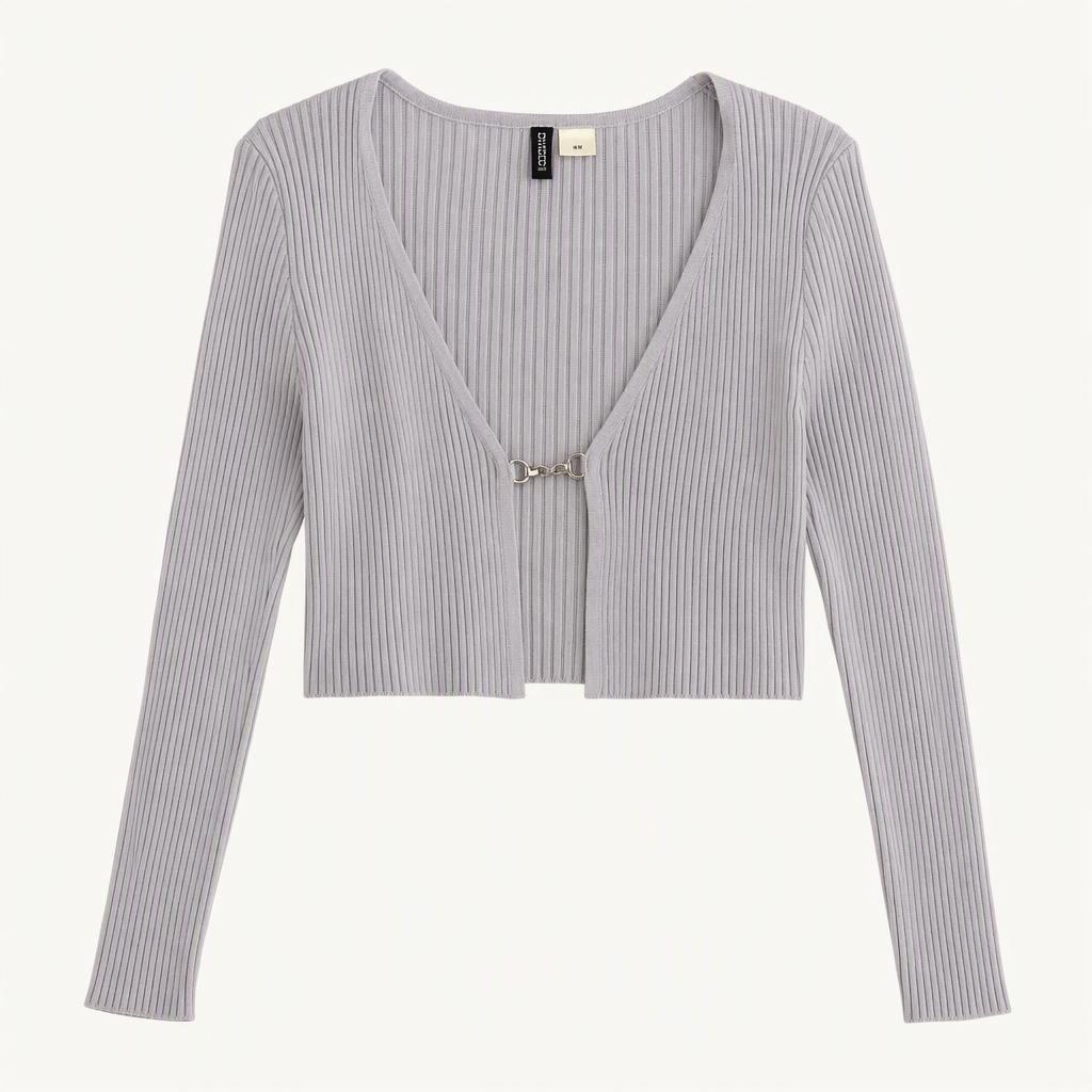 H&M 에이치앤엠 브이넥 골지 크롭 카디건 연보라 착용컷