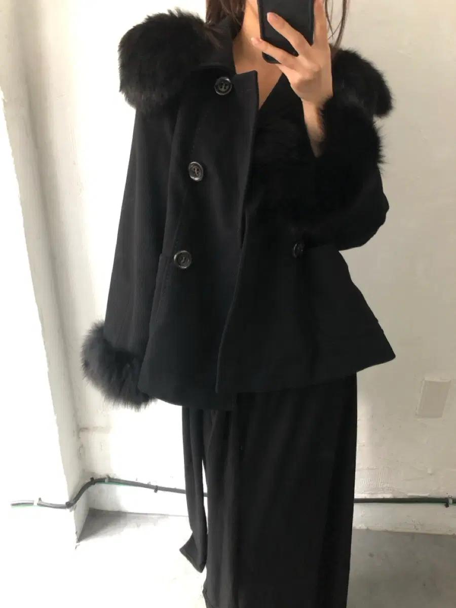 Sportmax 스포츠막스 블랙 퍼 카라 더블 코트 5