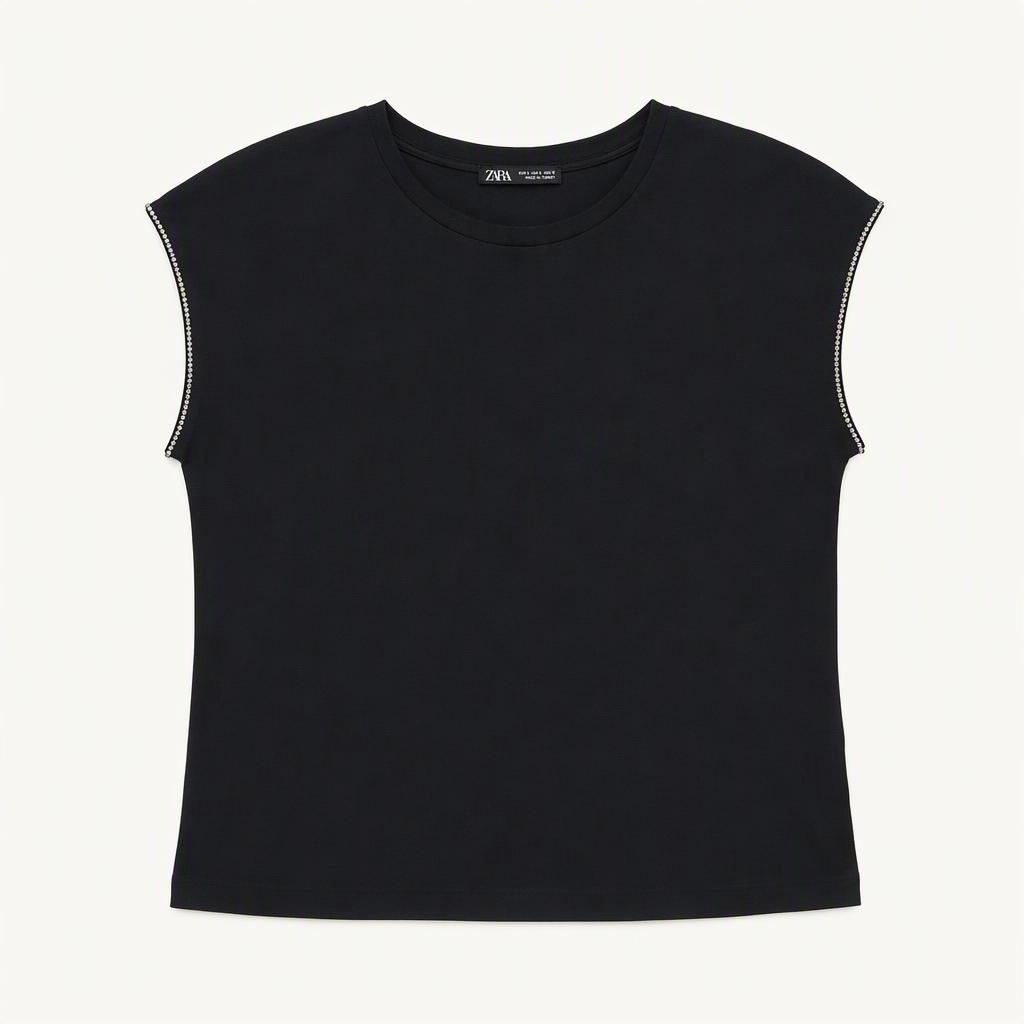 ZARA 비즈 디테일 반팔 티셔츠 블랙