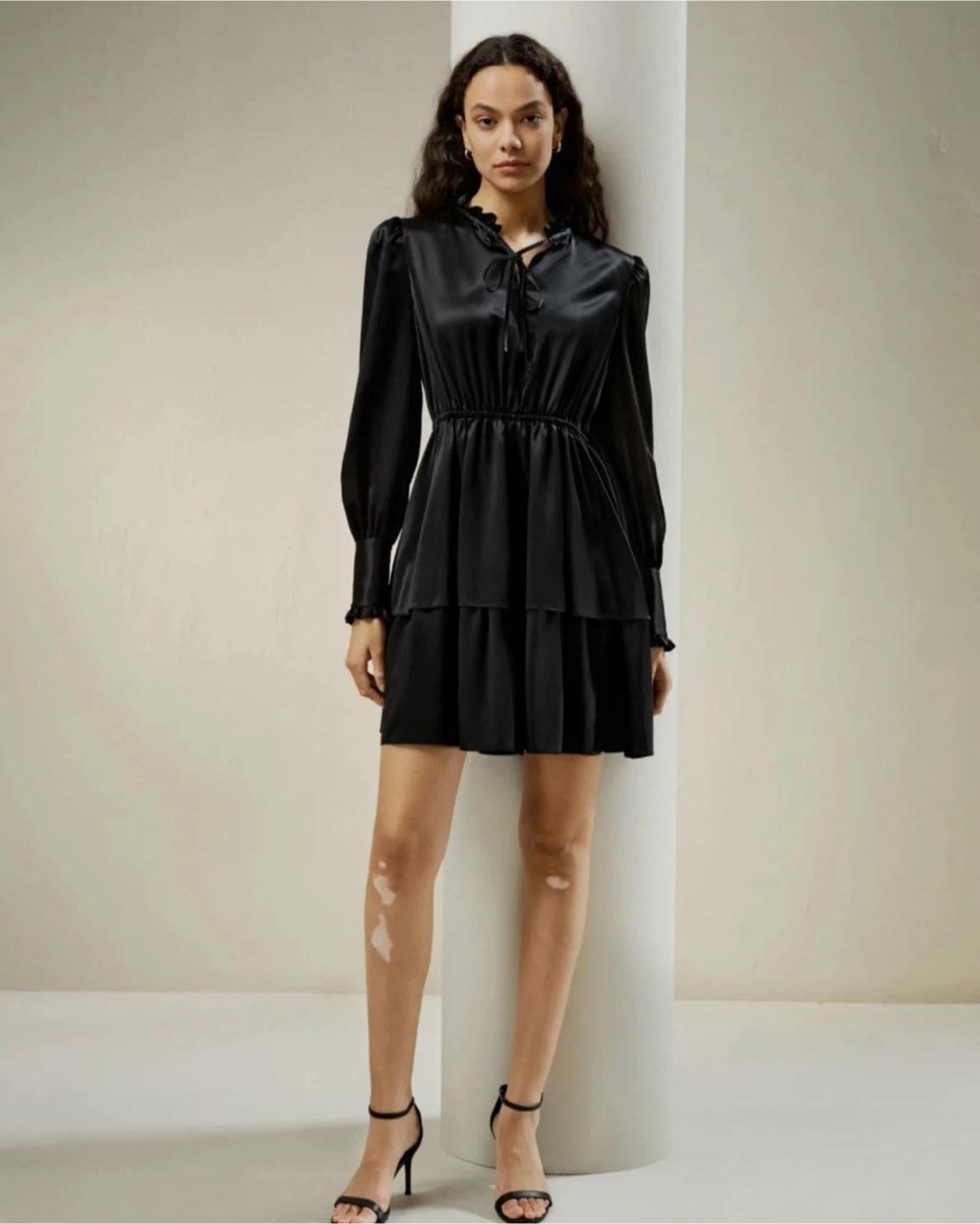LILYSILK x CHARIS Tie Neck 2 Tiered Mini Dress 4