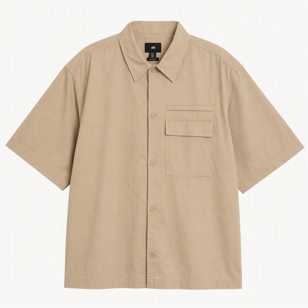 H&M 워크웨어 스타일 반팔 셔츠 베이지 착용컷