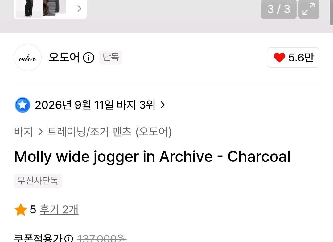 나띠착용)오도어 몰리 와이드 조거 팬츠 차콜 4