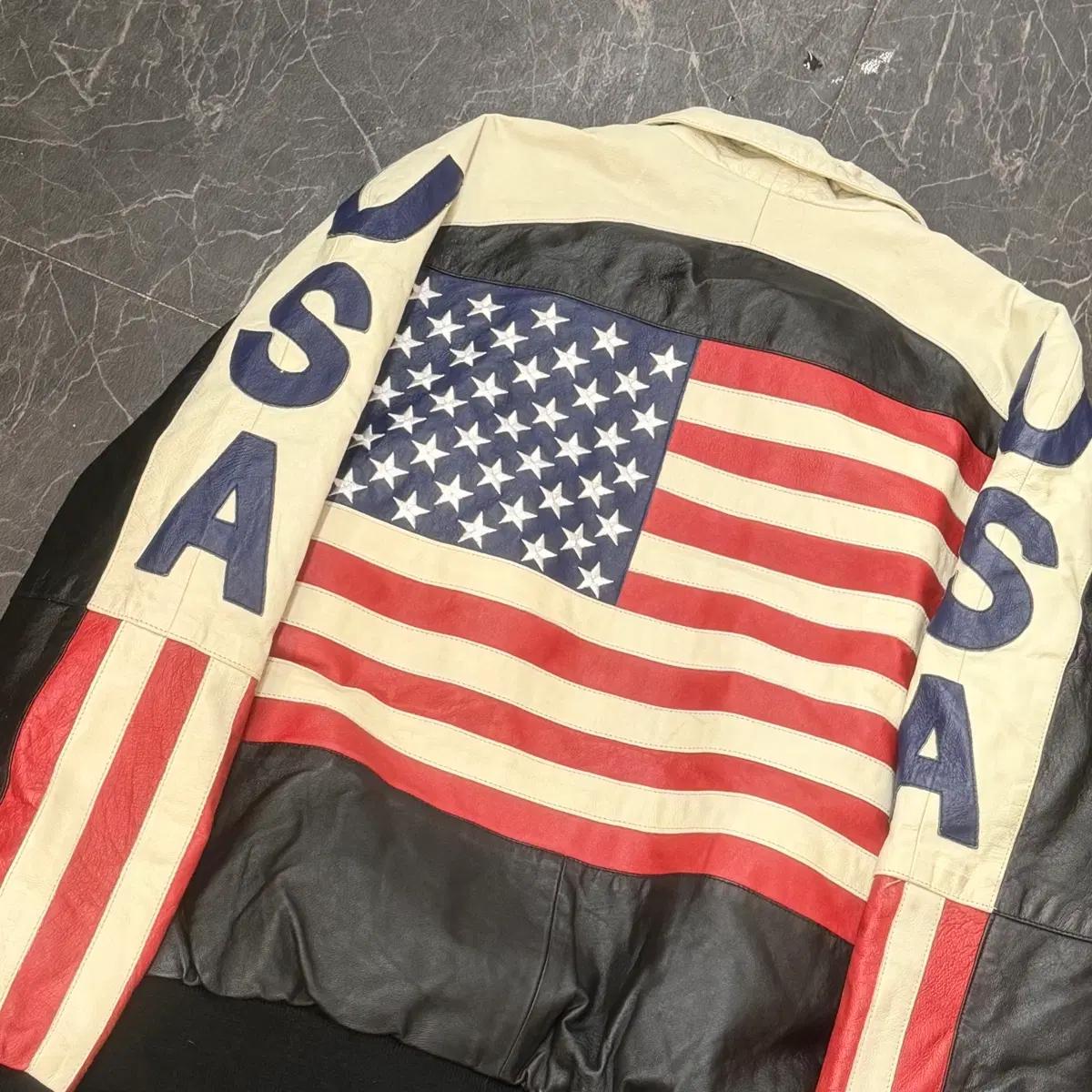 L USA 성조기 레터링 천연 가죽 자켓 2