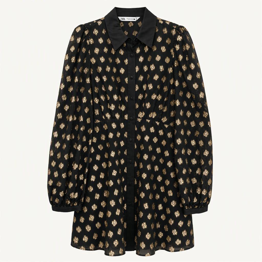 새제품 ZARA 블랙 쉬폰 골드 포일 원피스 착용컷