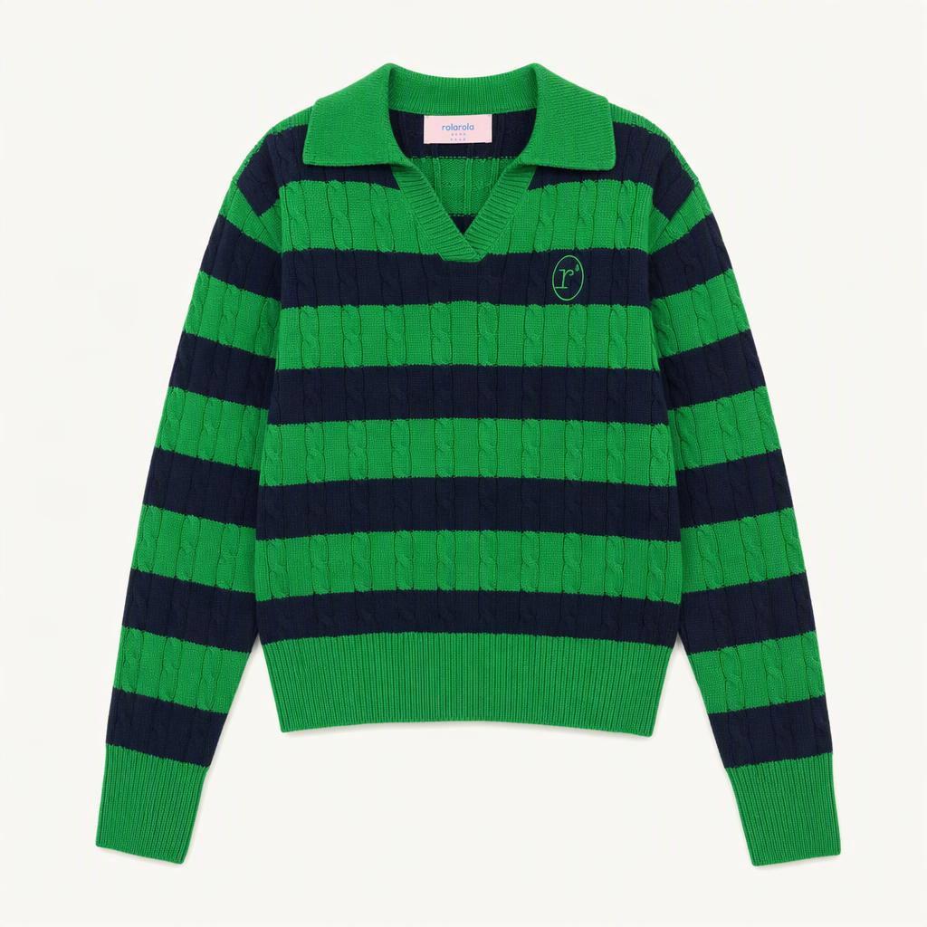 로라로라 케이블 배색 카라 니트 그린
