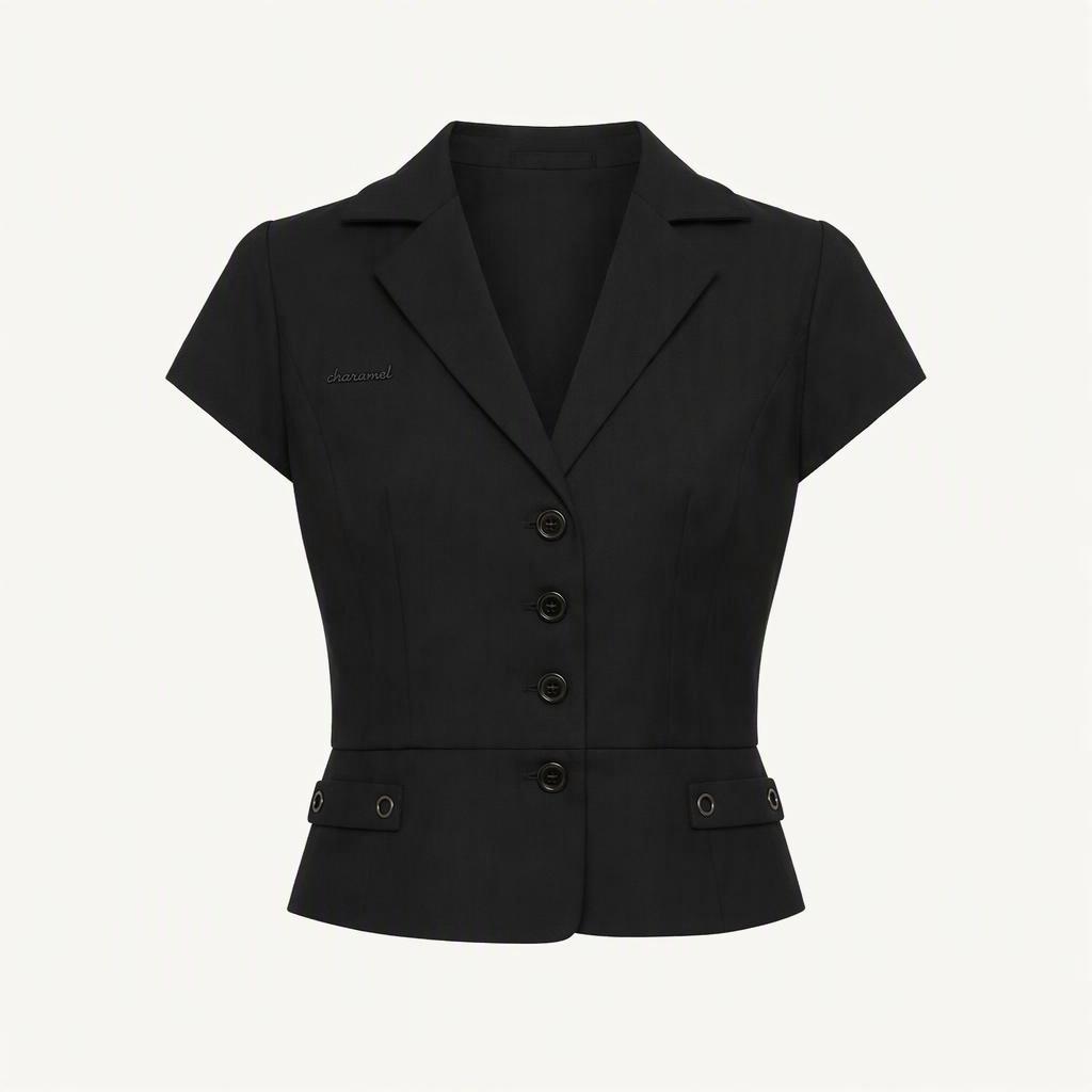 Cropped Short Sleeve Tailored Jacket (Black)