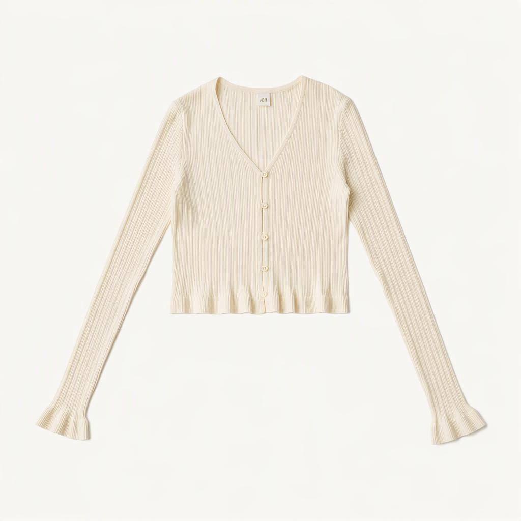 H&M 골지 플리츠 브이넥 가디건 아이보리 M