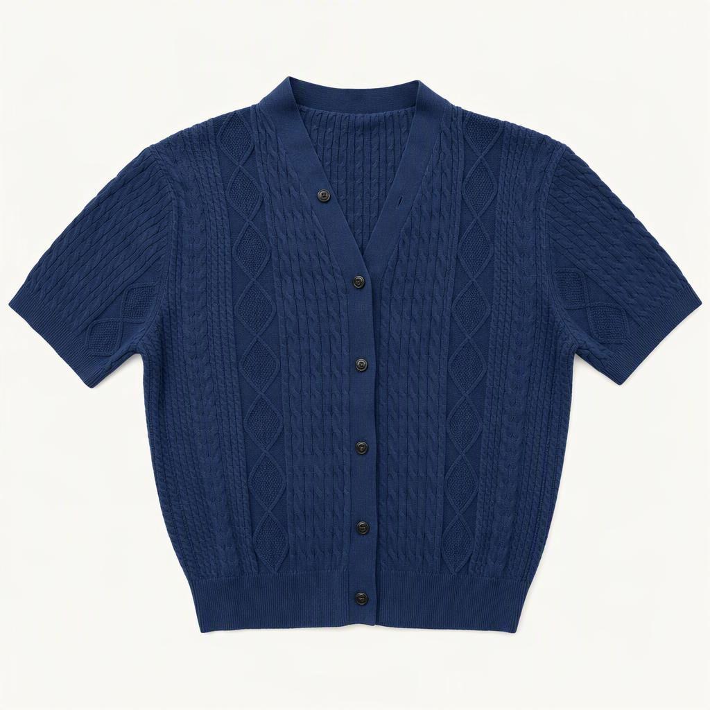 케이블 카라 반팔 니트 가디건 네이비