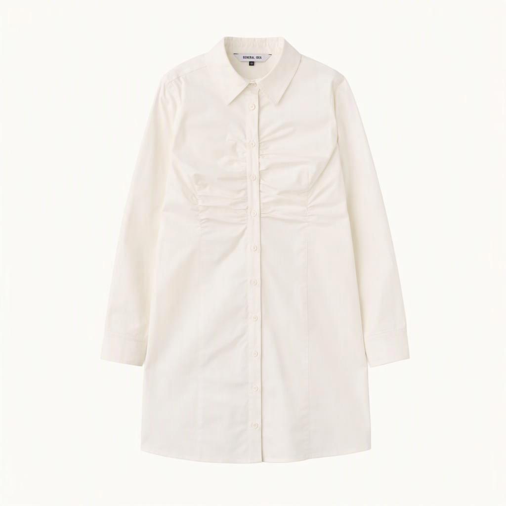 제너럴아이디어 셔링 셔츠 원피스 White