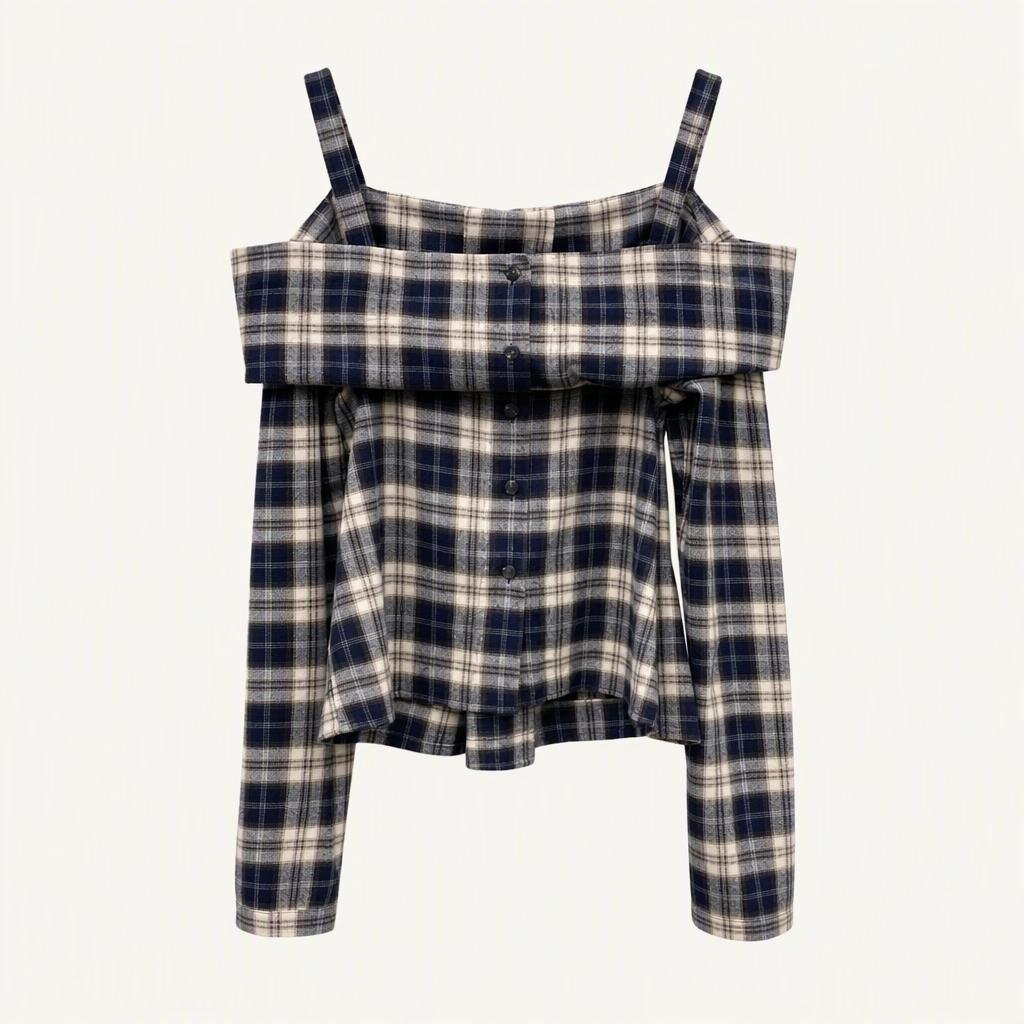 아브 anyway off shirts 오프숄더 체크셔츠 네이비 새상품