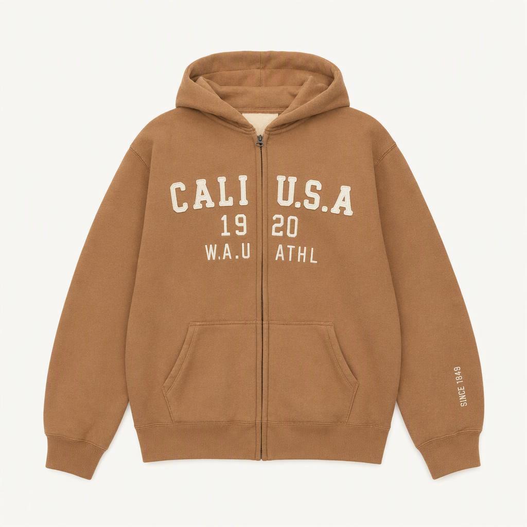 후아유 CALI 레터링 후드집업 카멜 브라운