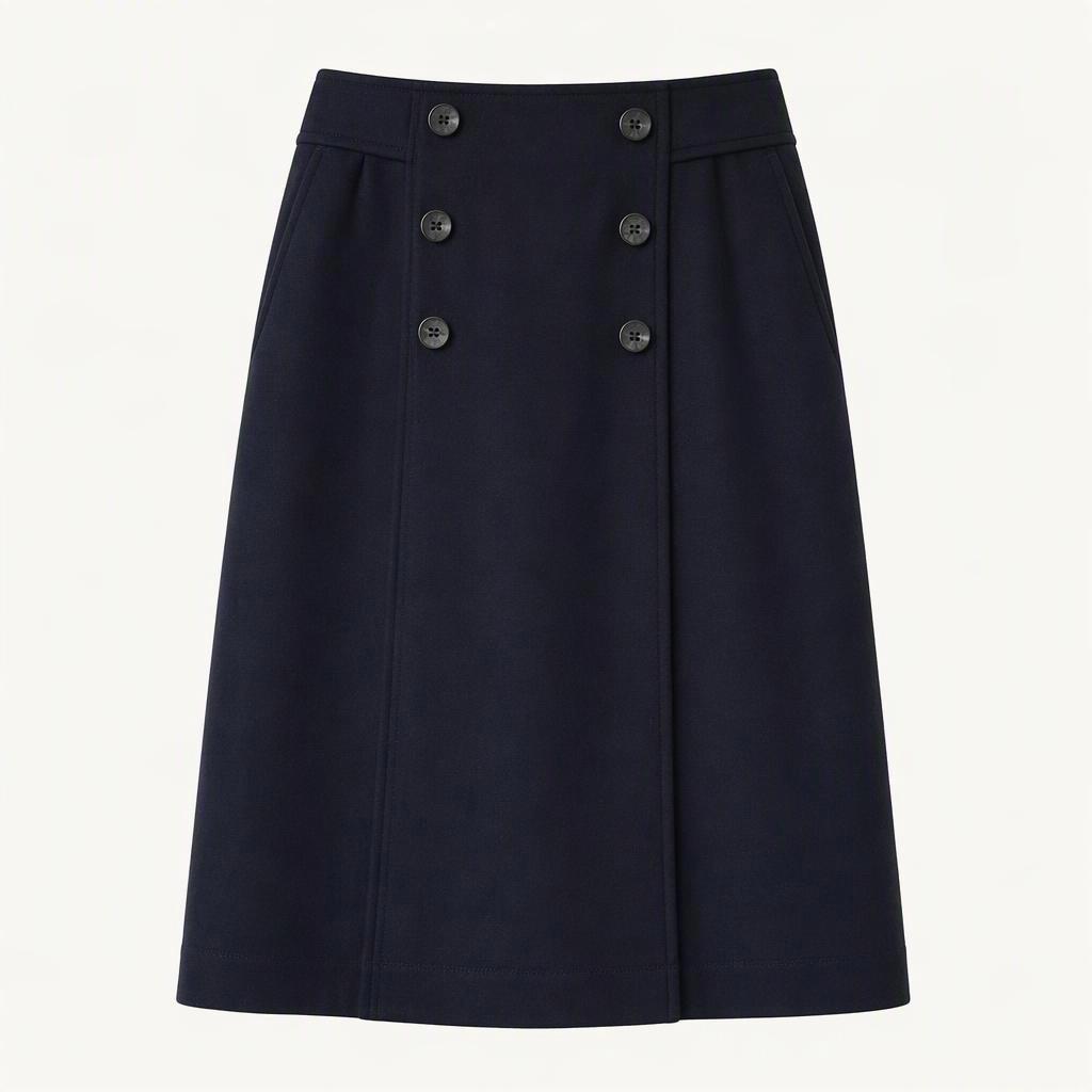 BCBG 더블버튼 모직 미디스커트 네이비