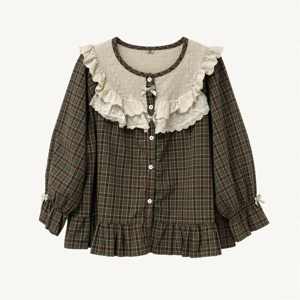 JYBE 레이스 프릴 카라 체크 긴팔 블라우스 카키