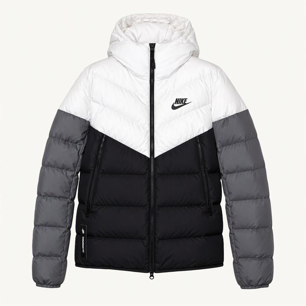 NIKE 나이키 새제품 블랙/화이트/그레이 스포츠웨어 다운 필 윈드러너 후디 패딩 자켓 M