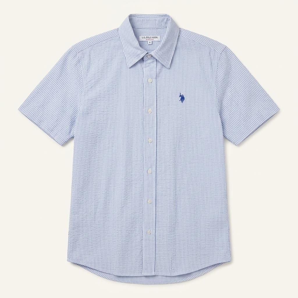 폴로아쎈 US POLO ASSN 남성 블루 스트라이프 시어서커반팔셔츠 95