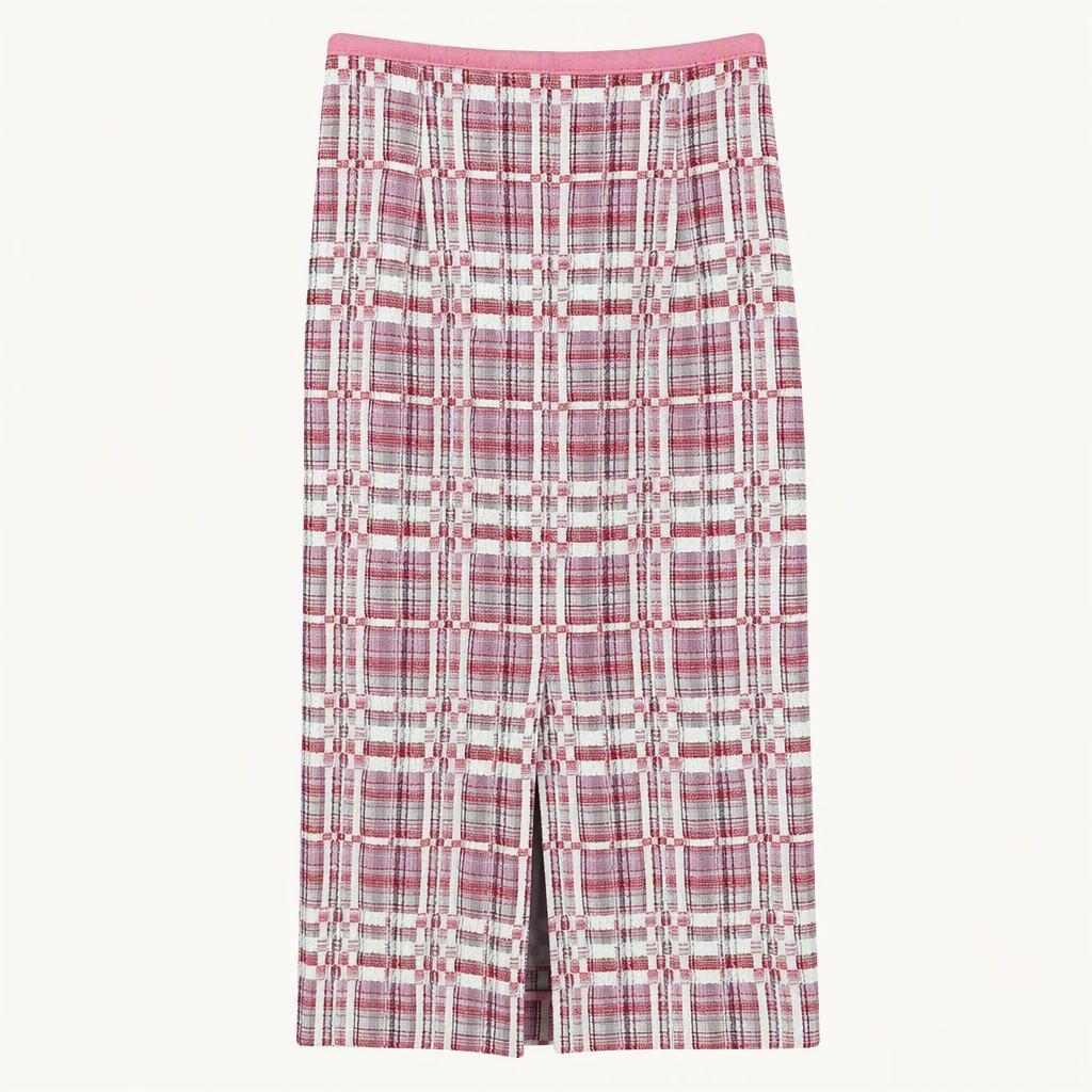 듀엘 여성 춘추 체크 옆지퍼 미디스커트 핑크 (HU47819)