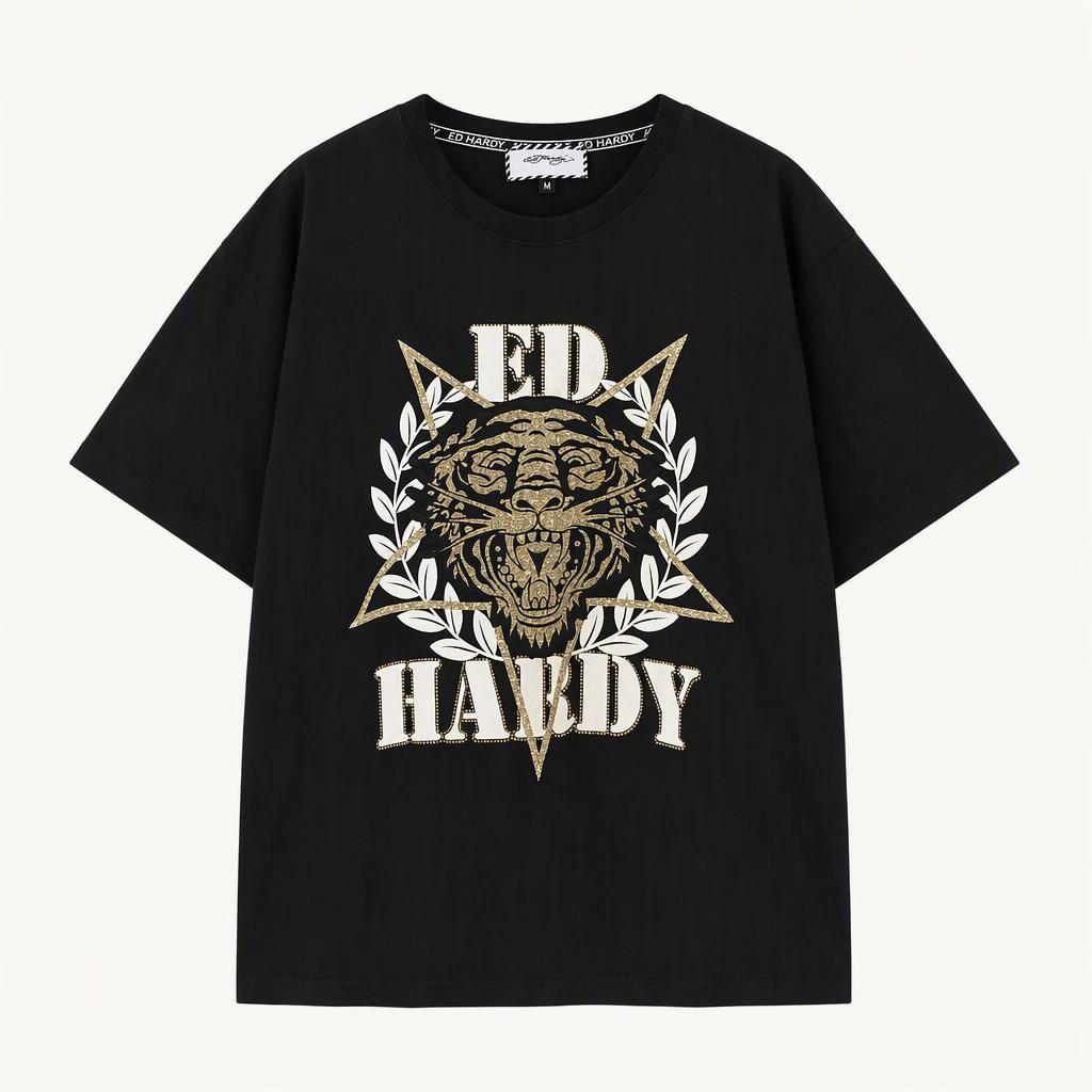 에드하디 EDHARDY 남성 블랙 골드타이거큐빅 라운드반팔티 코튼반팔티