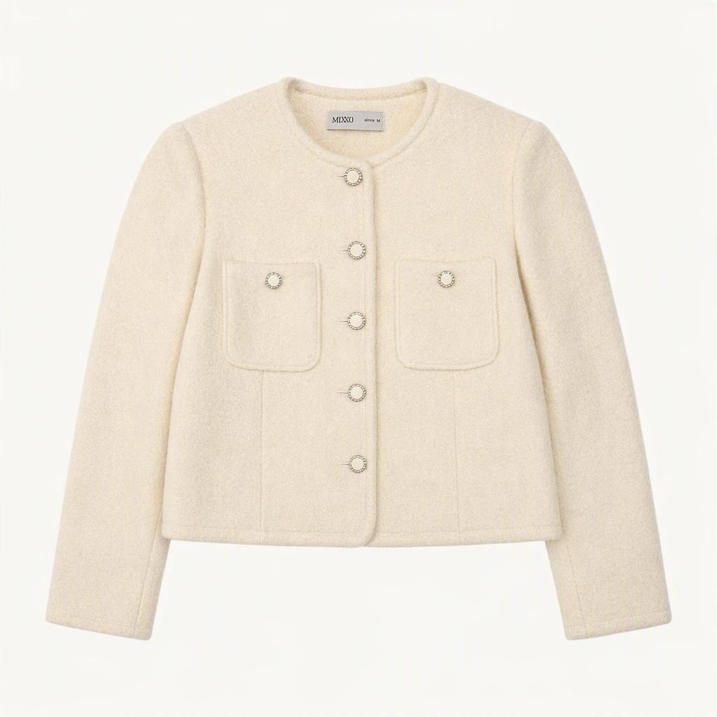 여성 미쏘 Mixxo 23년도 라운드넥 부클 크롭 자켓 M 아이보리