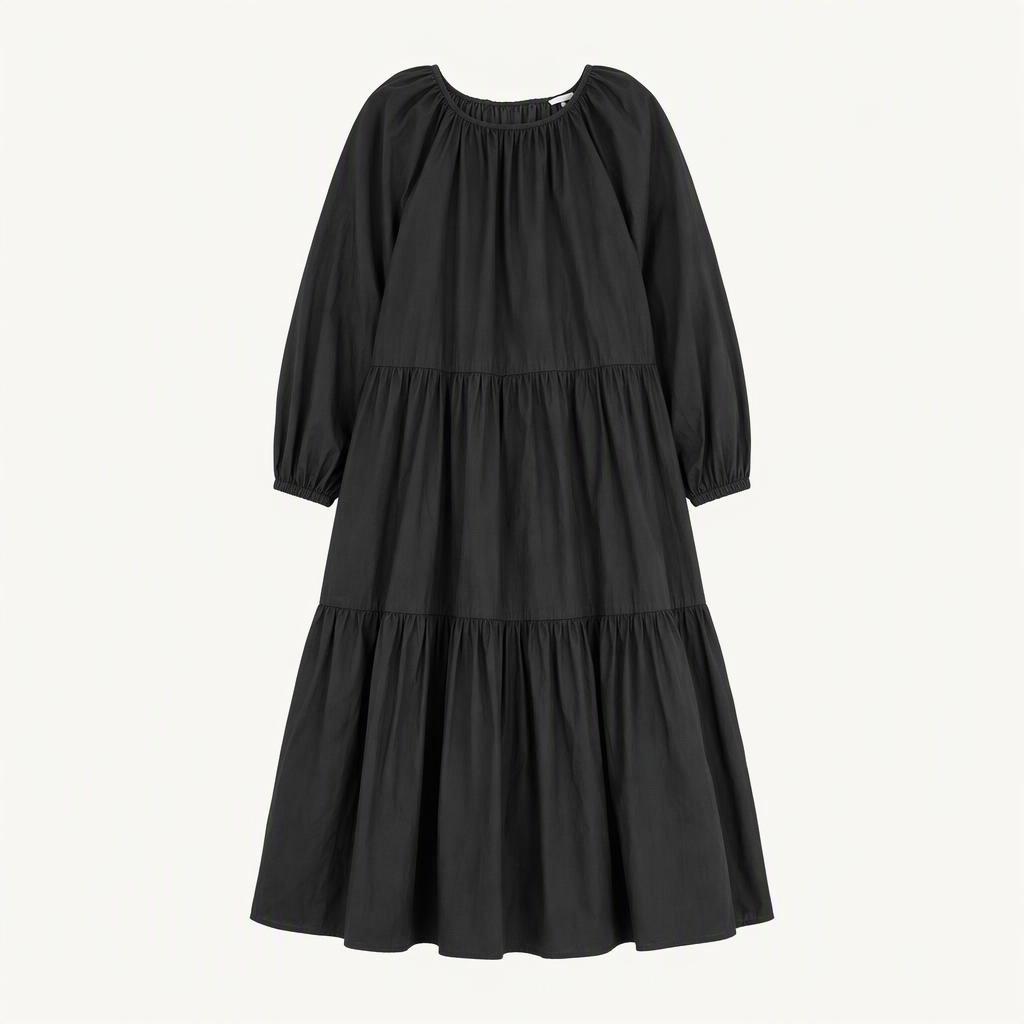 H&M 셔링 티어드 롱원피스 블랙