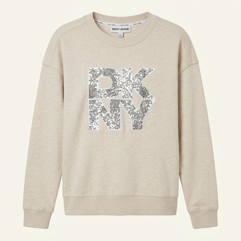 DKNY 진 스팽글 로고 맨투맨 오트밀 베이지