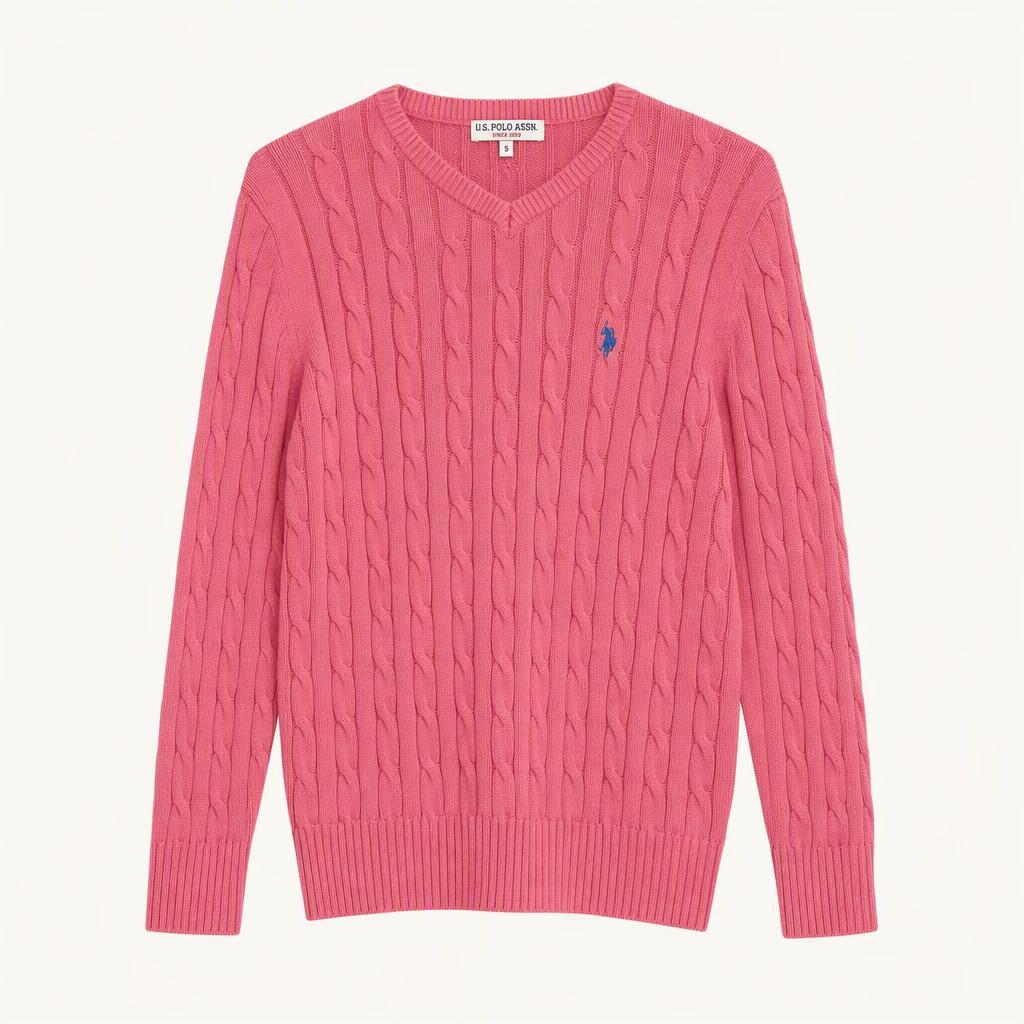 U.S. POLO ASSN. 케이블 브이넥 니트 핑크 S