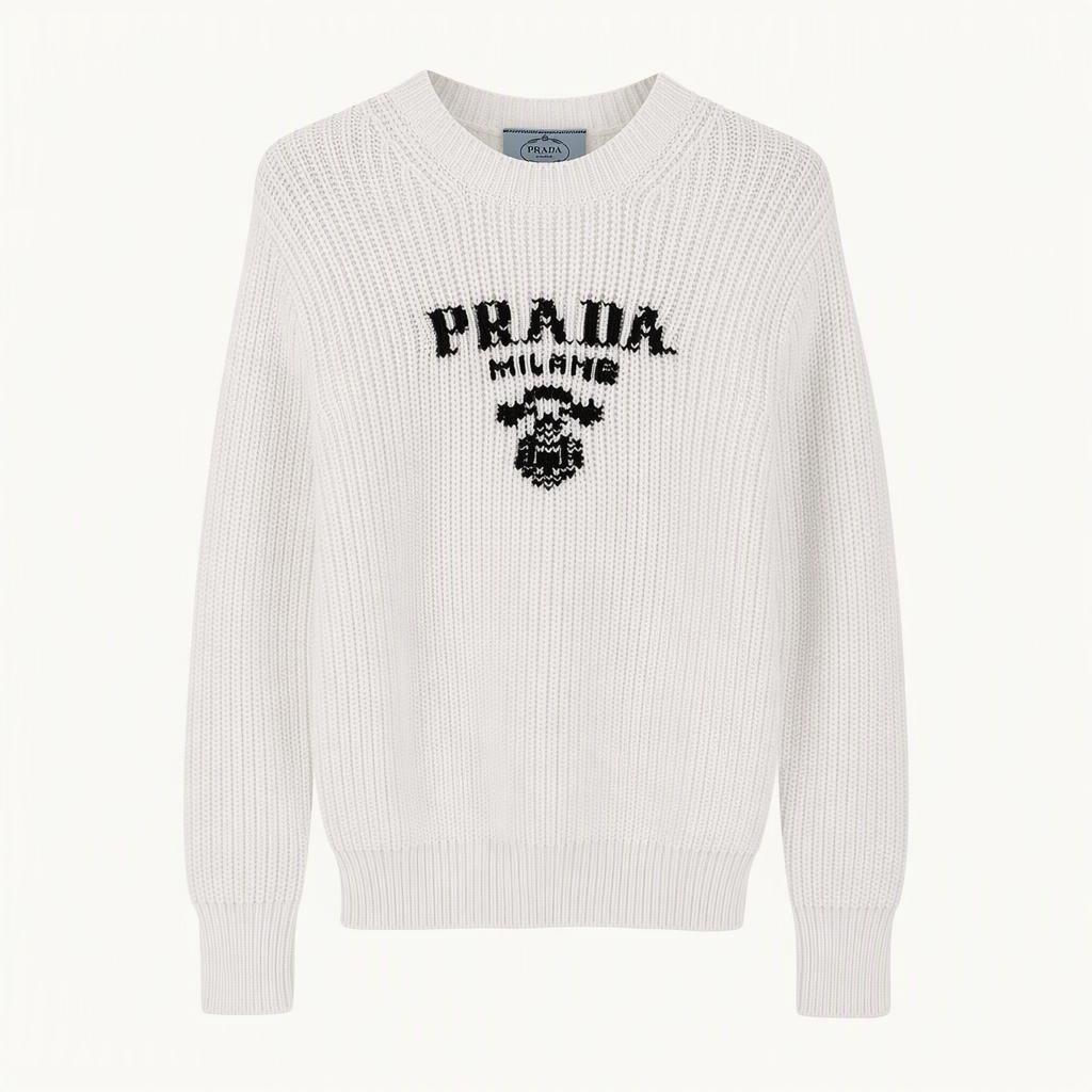 Prada 프라다 로고 화이트 코튼 크루넥 니트