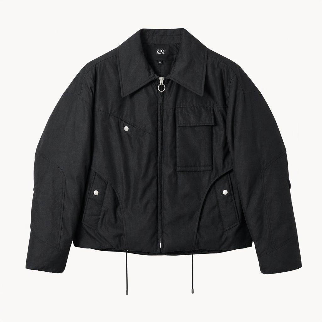 지오송지오 21FW 구스다운 마원 숏패딩 블루종 봄버자켓 스트링 집업 옴므컬렉션 블랙